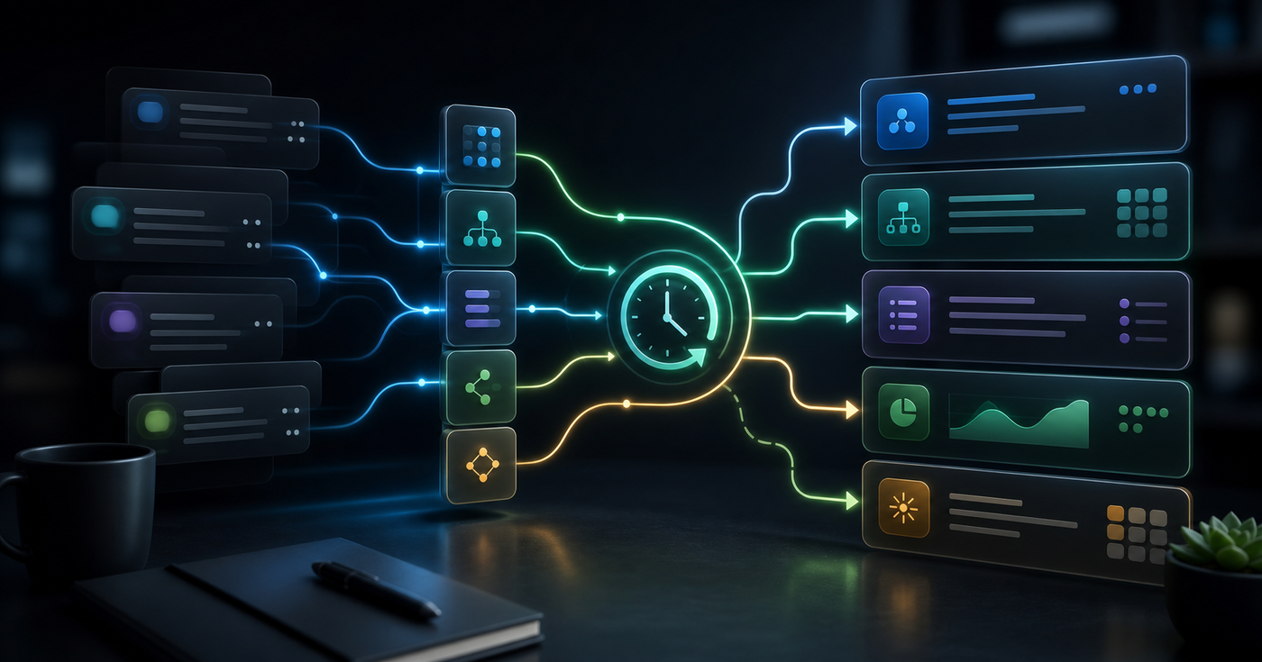 Prompt blocks flowing into structured outputs around a glowing clock