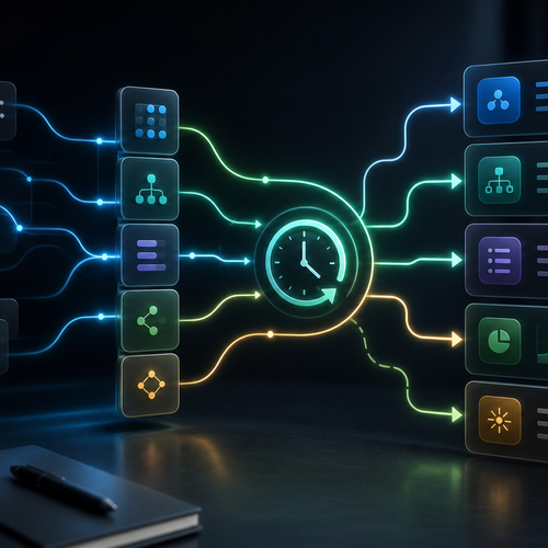 Prompt blocks flowing into structured outputs around a glowing clock