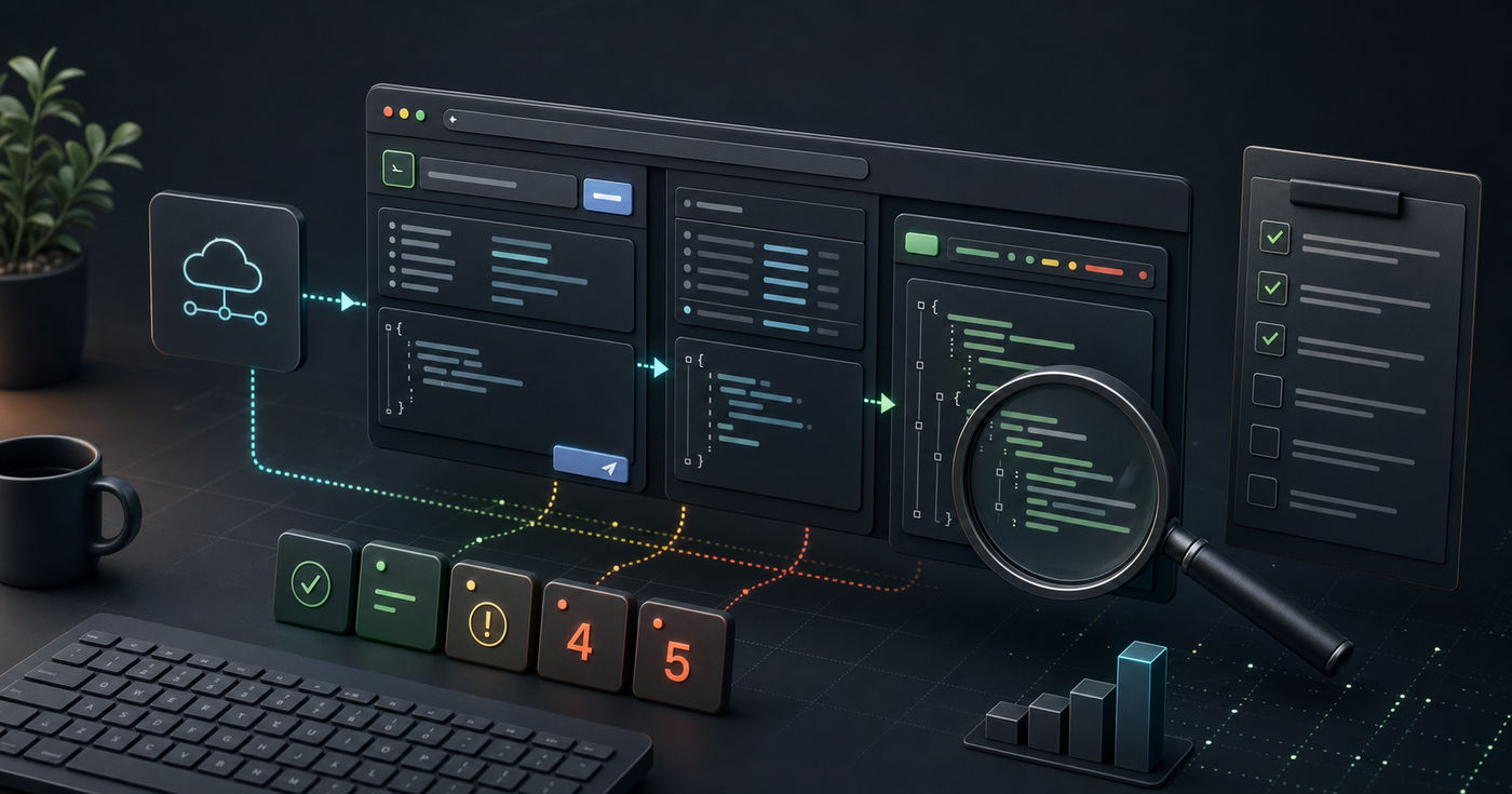 Abstract API debugging workflow with request panels, response data, status indicators, and a checklist