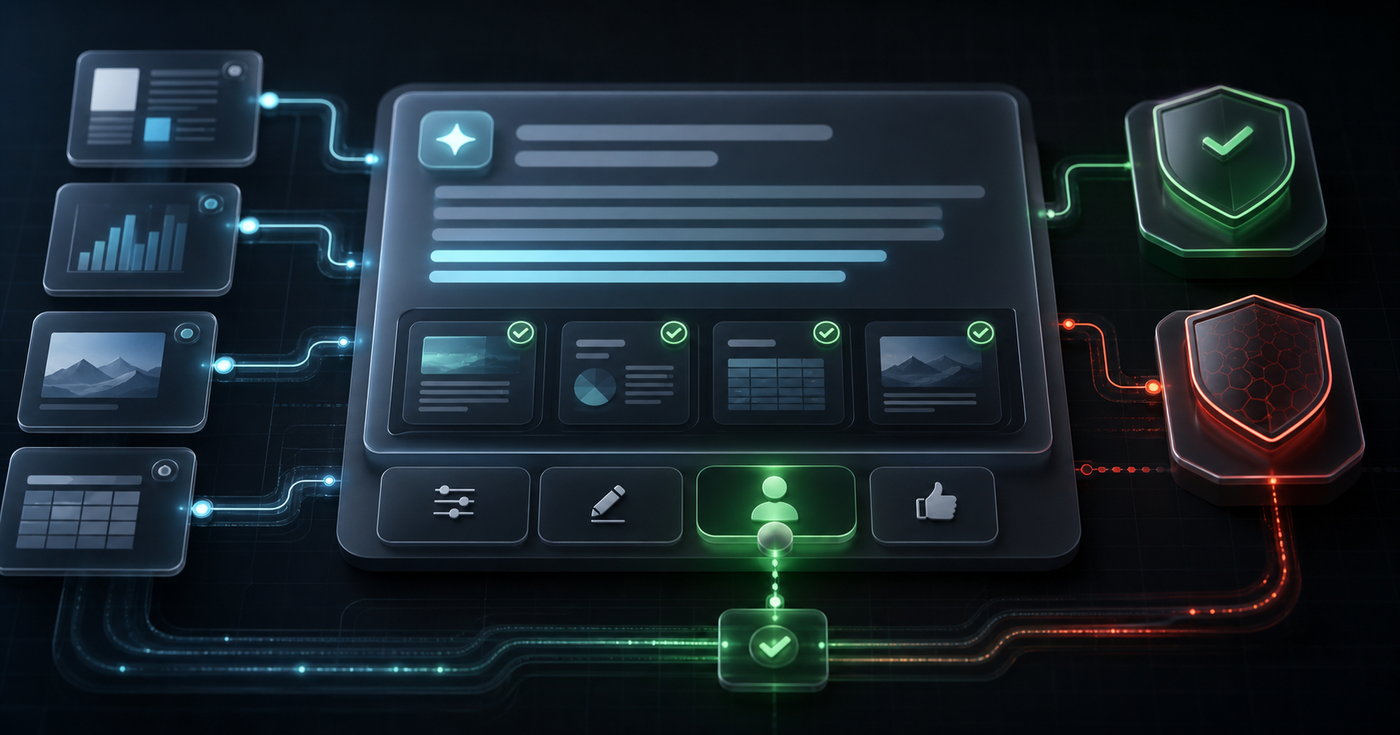 Trustworthy AI product interface with source cards, approvals, and guardrails