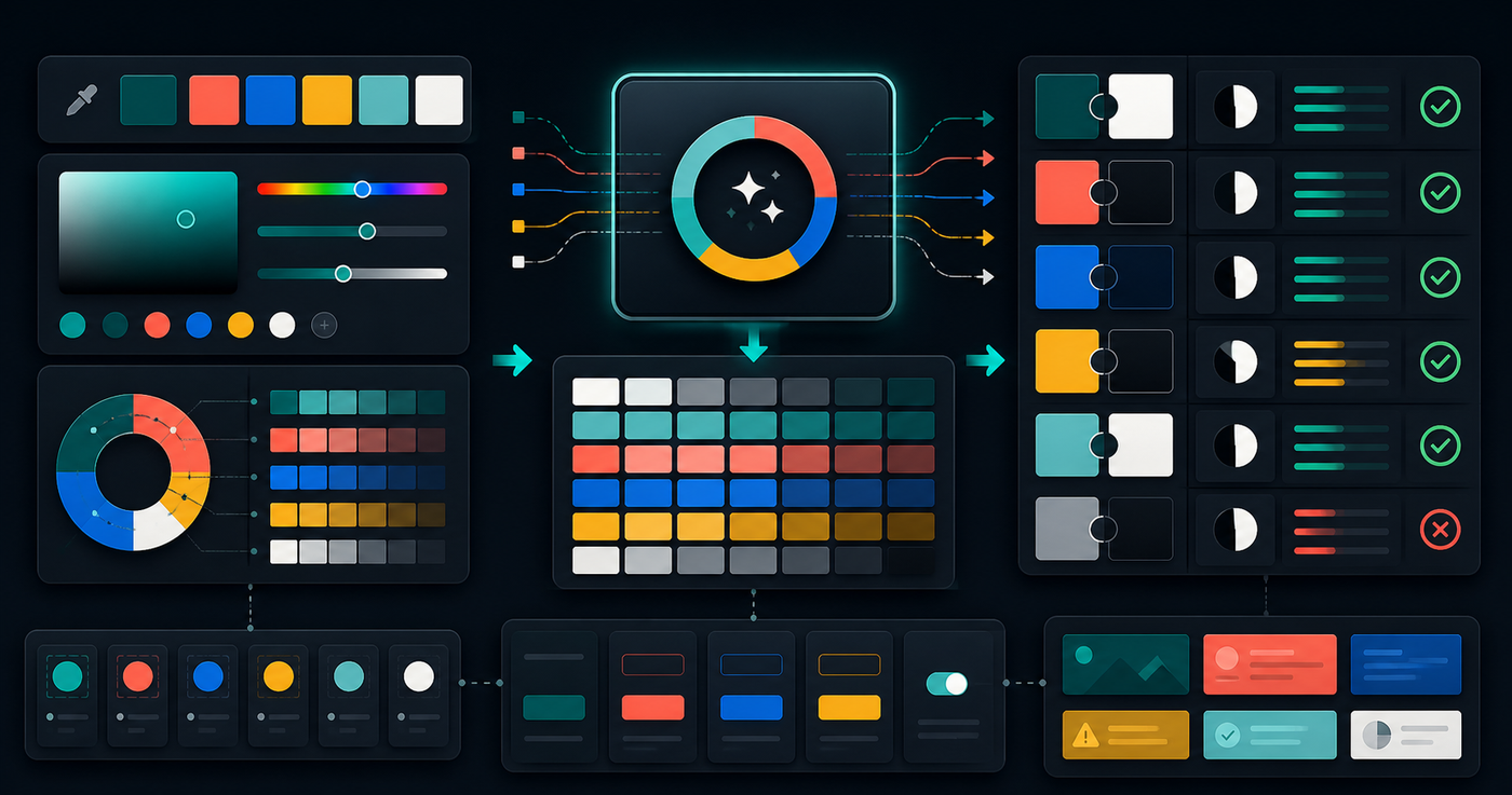 Design system color palette workflow with swatches, contrast comparisons, accessibility checks, and UI token blocks