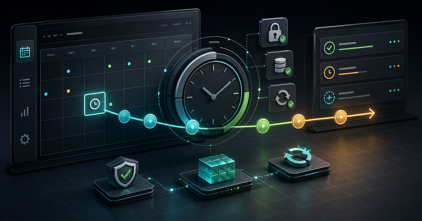 Abstract cron schedule dashboard with clock, calendar, retries, and locks
