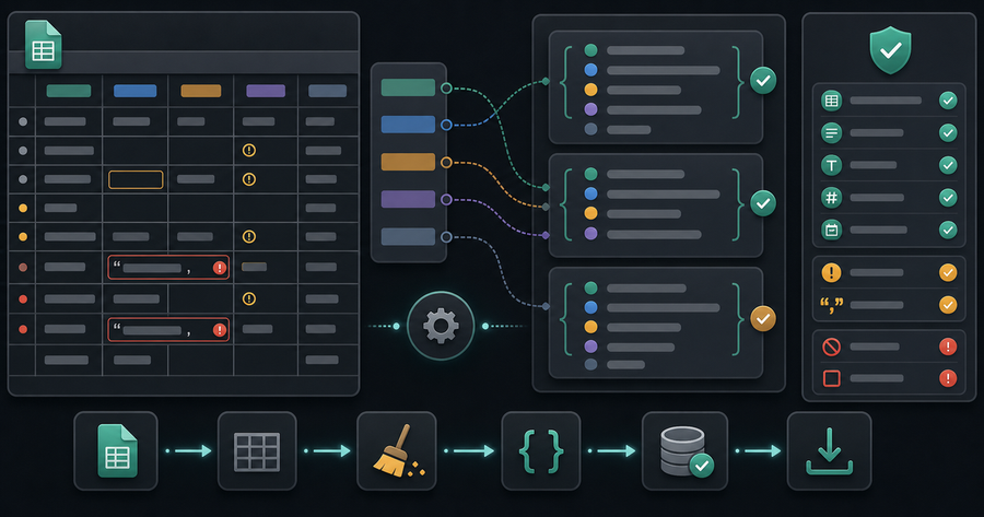 CSV to JSON conversion workflow with table rows, mapped fields, validation checks, and structured output cards