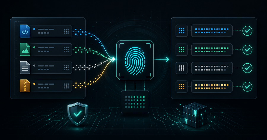Hash generation workflow showing files converted into fingerprint digests and verified with integrity checks