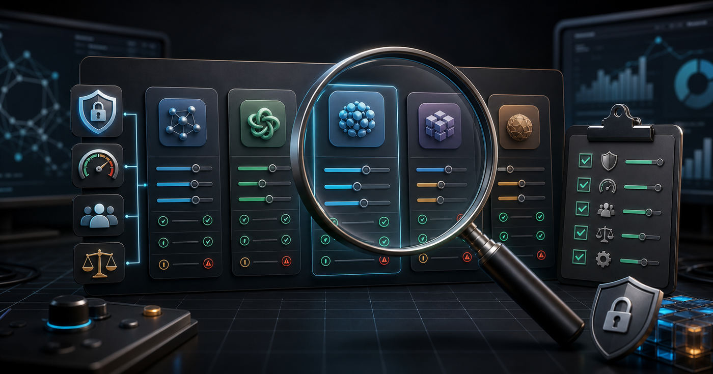 AI tool evaluation dashboard with comparison cards and a magnifying glass