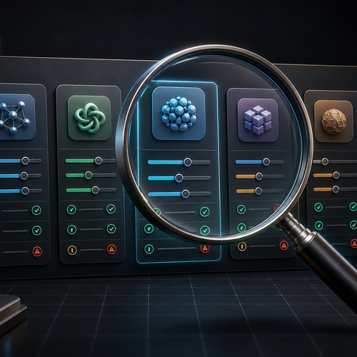 AI tool evaluation dashboard with comparison cards and a magnifying glass