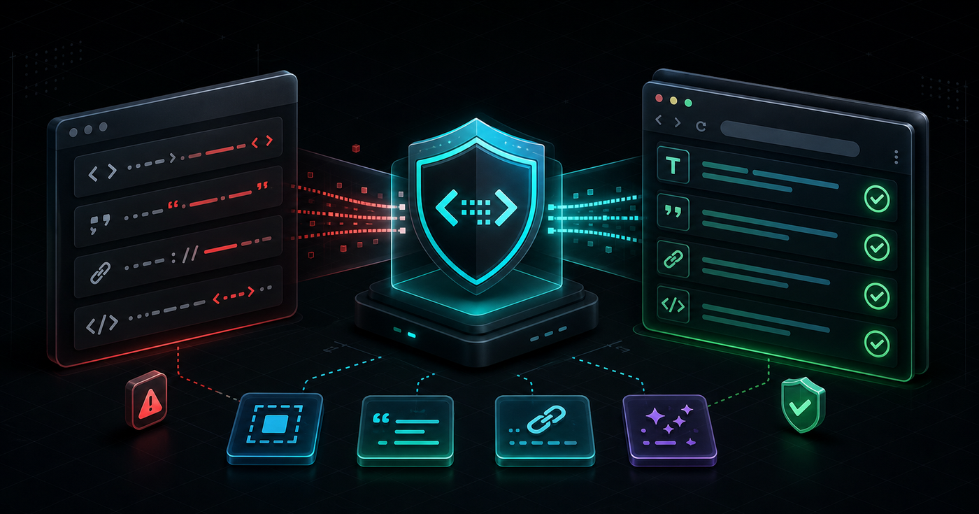 Dark security workflow showing unsafe markup passing through an escaping shield into safe rendered output