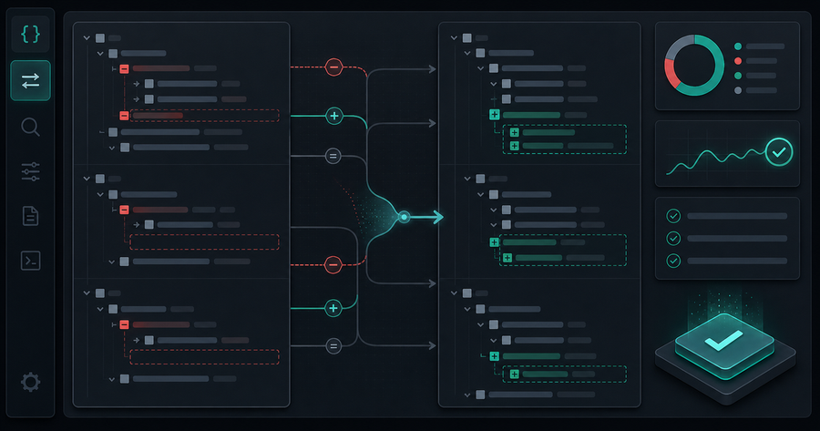 JSON diff debugging workflow with side-by-side object trees, added and removed fields, and validation panels