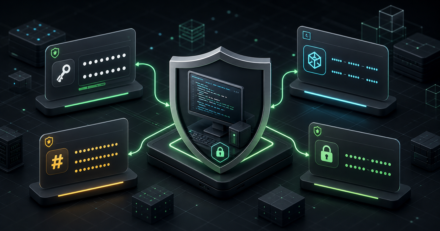 Abstract local security generator workflow for passwords, UUIDs, hashes, and HMACs