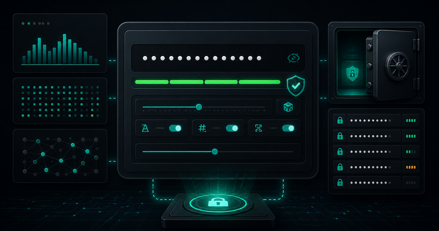 Secure password generator workflow with entropy controls, masked credentials, and local privacy indicators