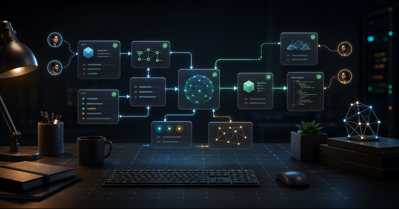 AI workflow map with connected task panels on a dark developer desk
