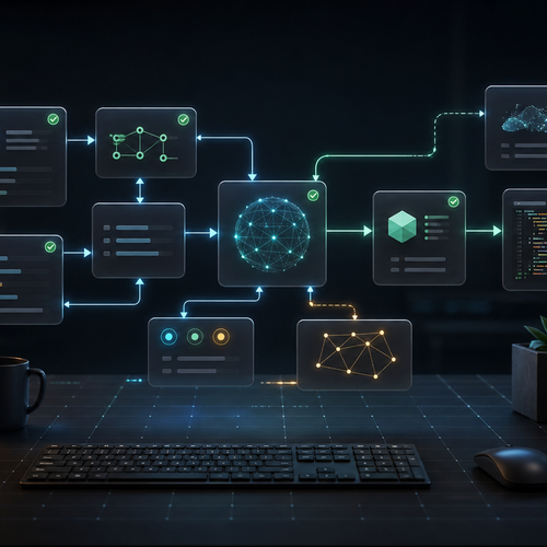 AI workflow map with connected task panels on a dark developer desk