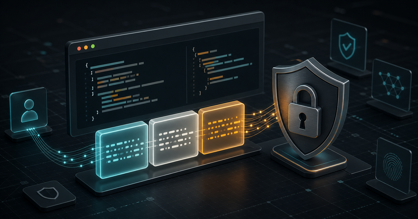 Abstract JWT token segments flowing into a lock shield for safe authentication debugging