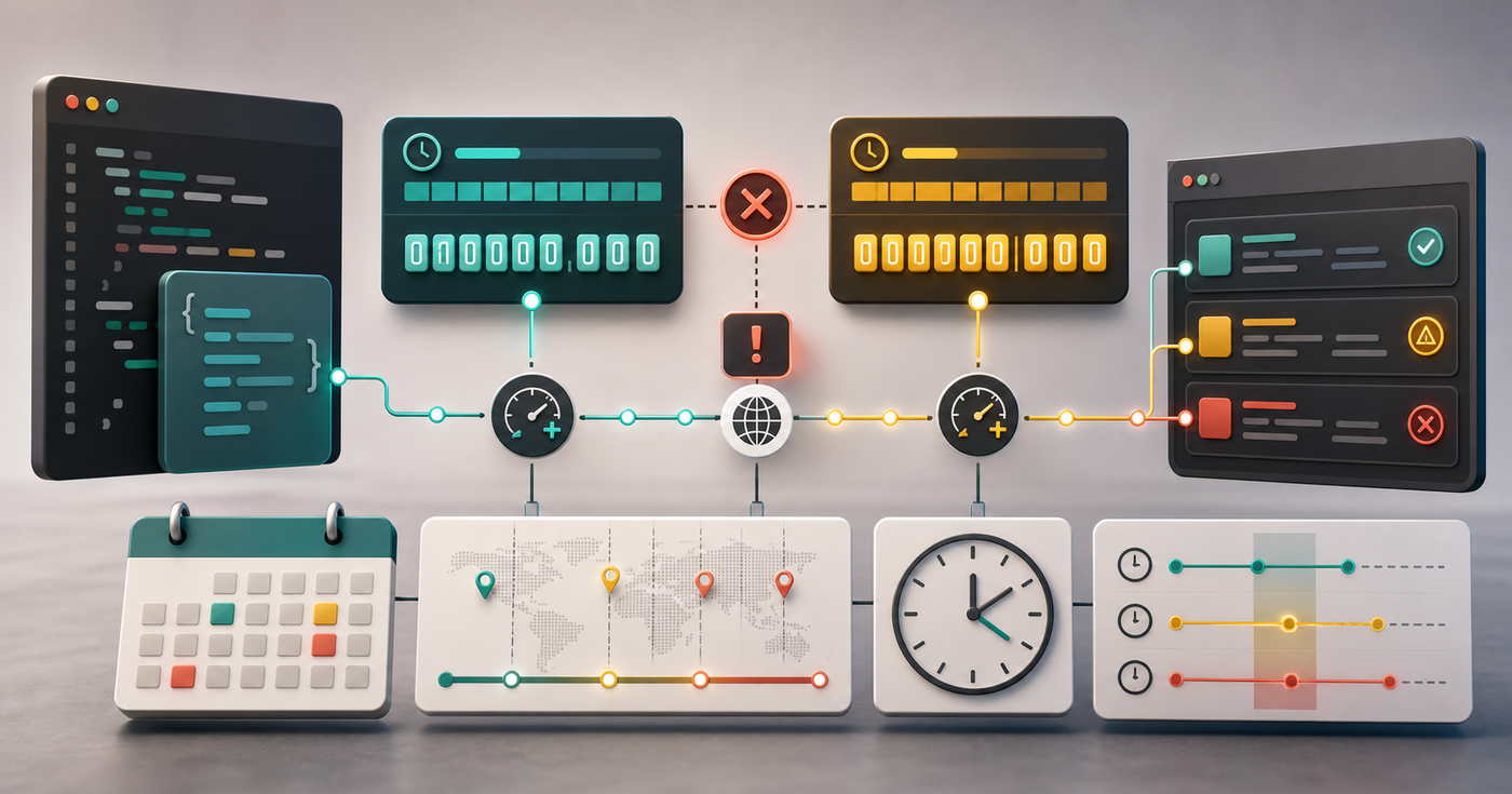 Timestamp and time zone debugging workflow with clocks, calendars, and conversion panels