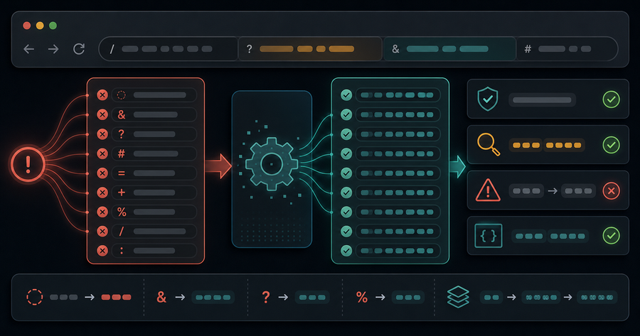 URL encoding debugging workflow with unsafe characters, percent-encoded segments, and validation panels