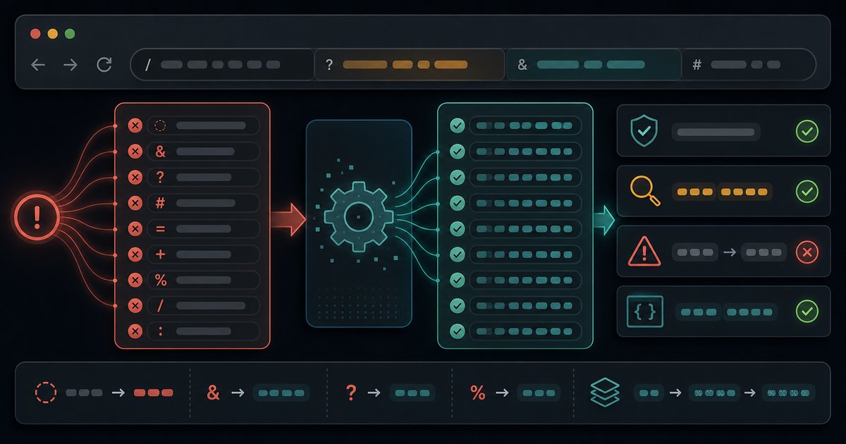 URL encoding debugging workflow with unsafe characters, percent-encoded segments, and validation panels