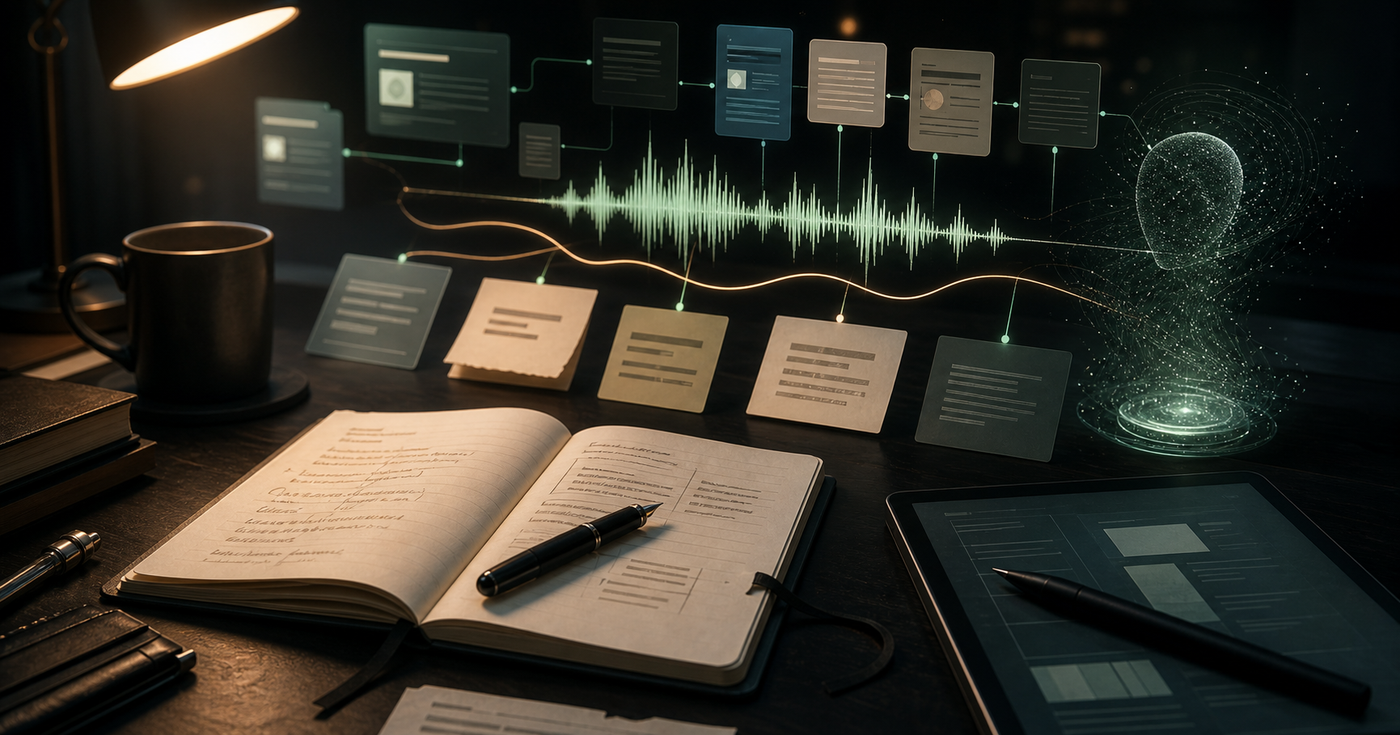 Content research desk with notes, voice waveform, and AI-assisted source cards