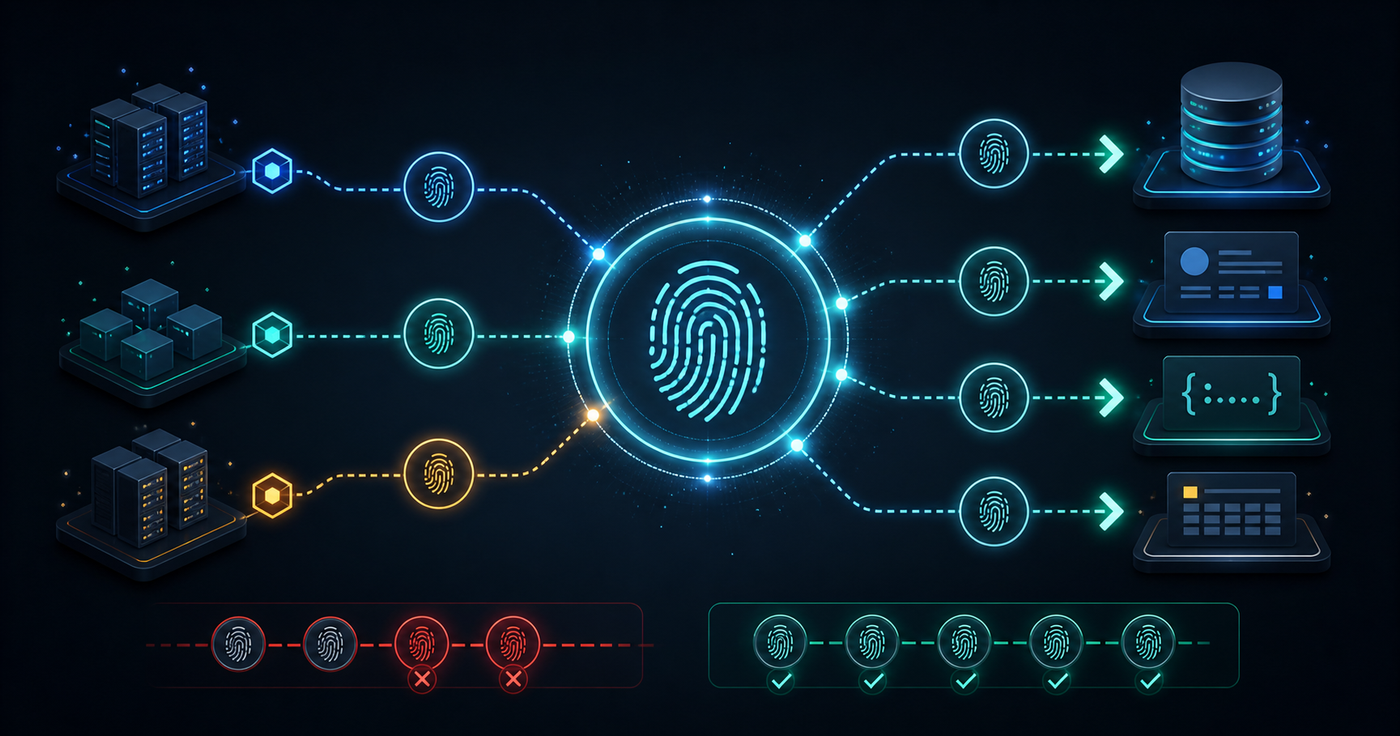 UUID generation workflow with unique fingerprint tokens flowing into database records and API objects