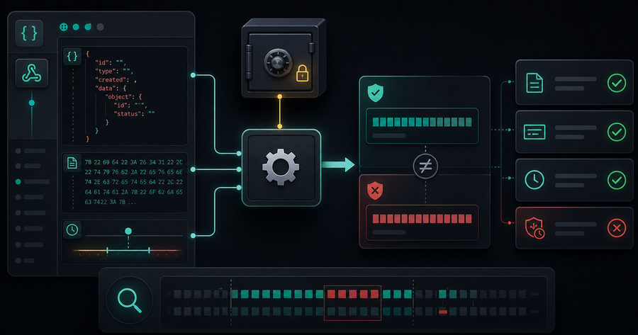 HMAC webhook signature debugging workflow with signed payload lanes, secret vault, digest comparison, and verification checks