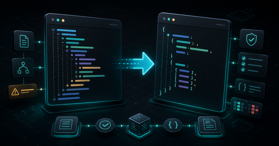Dark technical workflow showing YAML configuration converting into JSON with validation and type checks